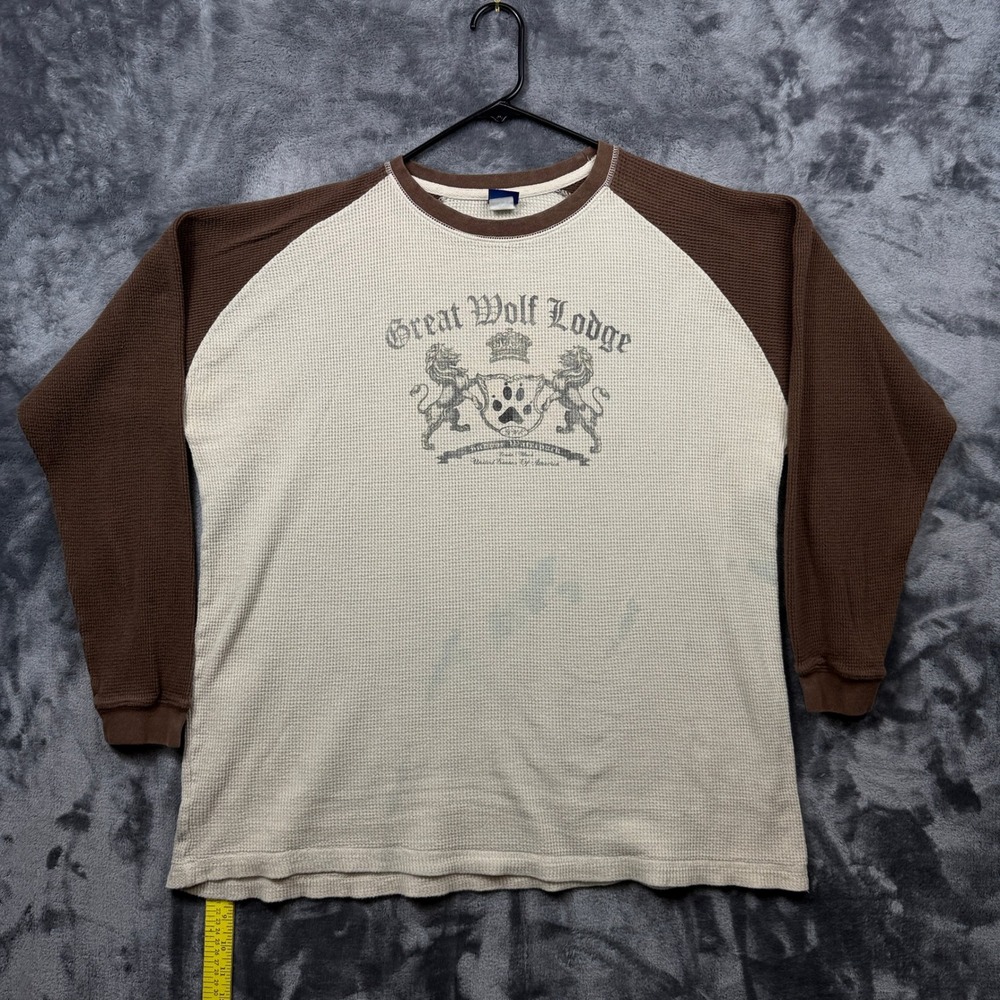 Great Wolf Lodge Thermal Shirt Mens XL Brown Good Raglan Waffle Knit Graphic
